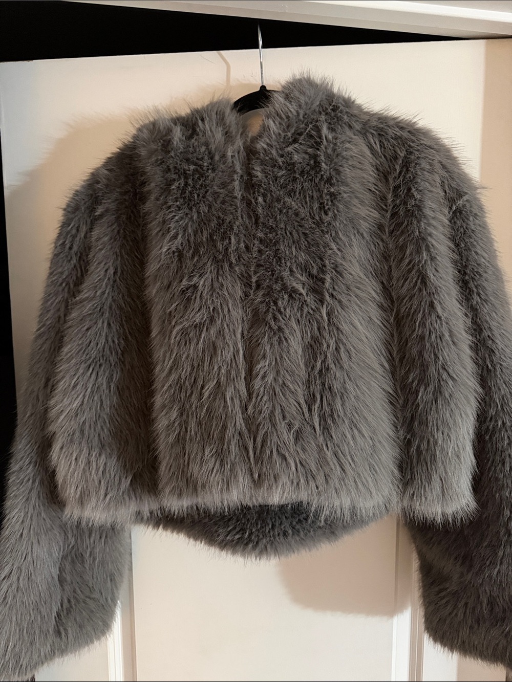 Wild Fable Gray Faux Fur Hooded Cropped Jacket - Women